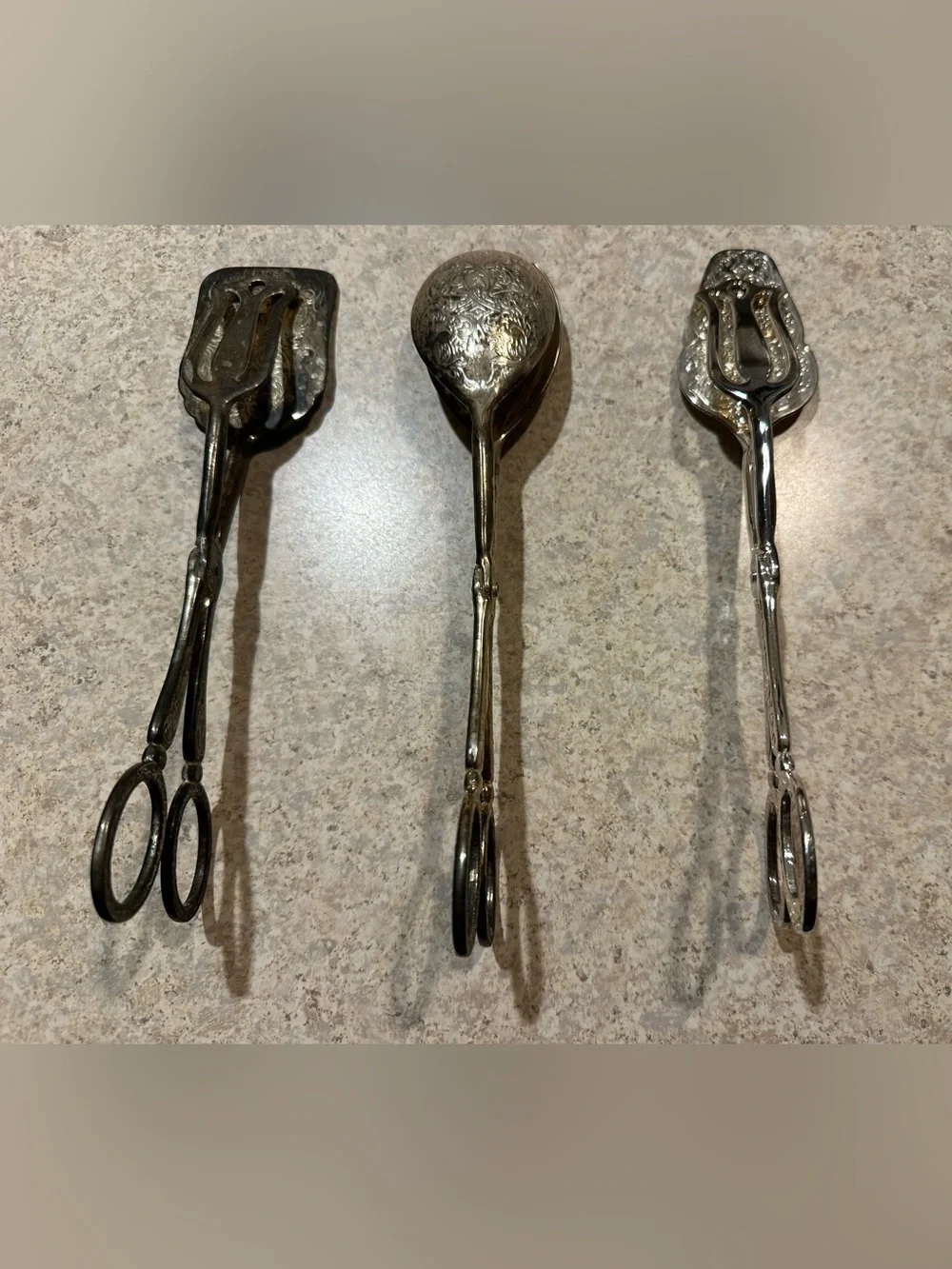 EP Zinc- Antique Silver-Plated Tongs Trio - Ornate Floral Tips- Made in Italy